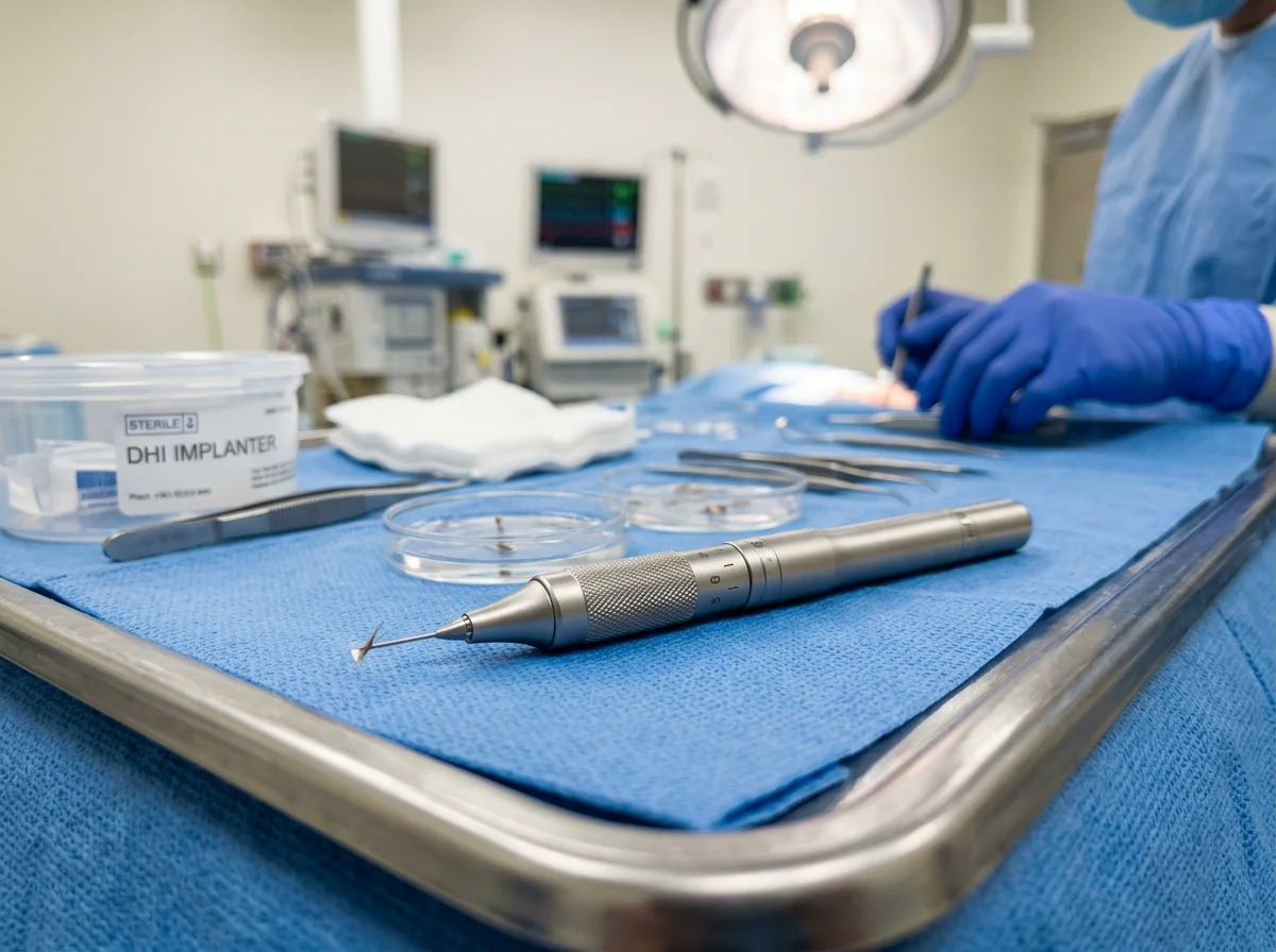 Close-up view of precision surgical Choi Implanter Pen engineered for single-step hair graft placement without scalp incisions