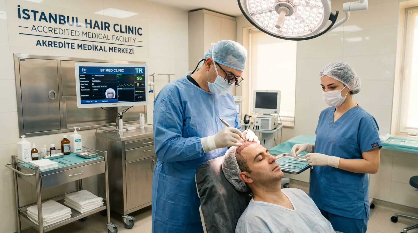 Specialist surgeon performing DHI hair restoration procedure with Choi Implanter Pen in an accredited Istanbul surgical suite
