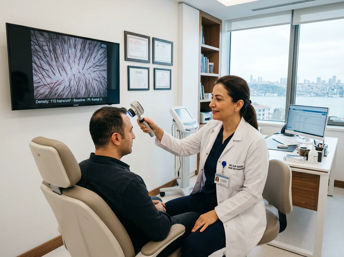 Hair transplant physician conducting specialized trichoscopic scalp density evaluation and donor assessment in an Istanbul clinic